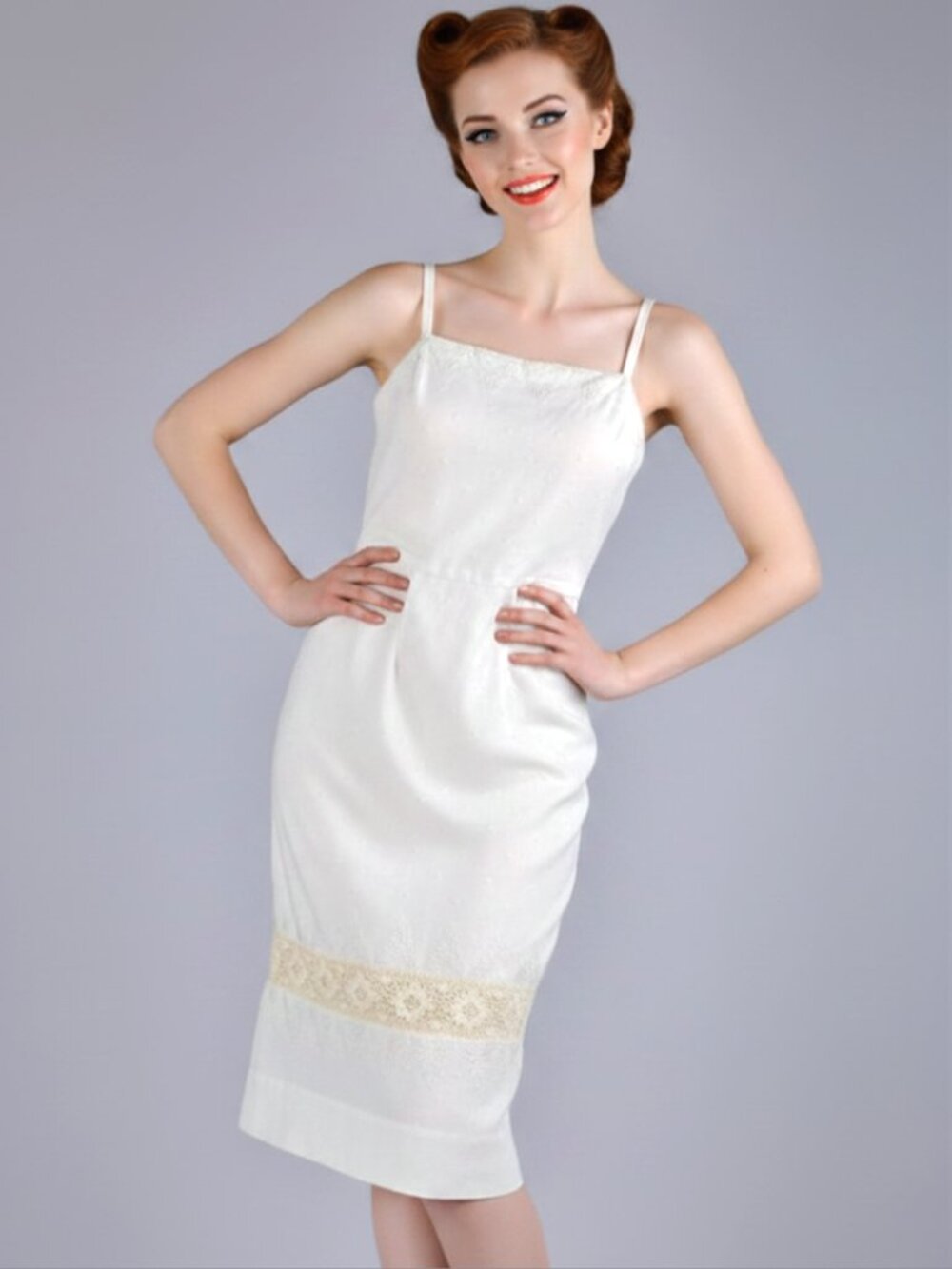 Vintage 50s Carlye Linen Dress Embroidered Sheath Midi Mod MCM Cream XS S